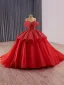 Luxury / Gorgeous Red Glitter Handmade  Beading Sequins Wedding Dresses 2025 Ball Gown Spaghetti Straps Short Sleeve Backless Chapel Train Wedding