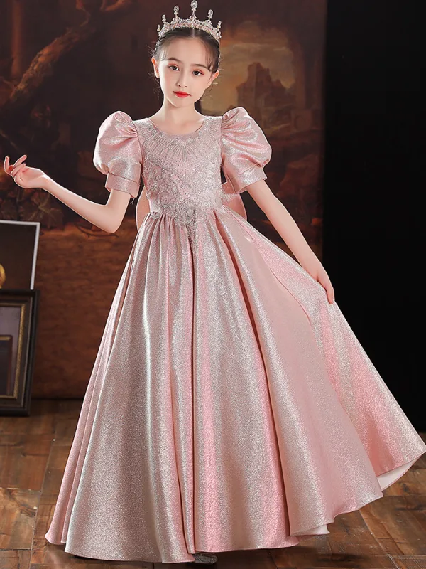 Lovely Blushing Pink Satin Birthday Flower Girl Dresses 2022 A-Line / Princess Scoop Neck Short Sleeve Beading Sequins Bow Floor-Length / Long