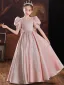 Lovely Blushing Pink Satin Birthday Flower Girl Dresses 2022 A-Line / Princess Scoop Neck Short Sleeve Beading Sequins Bow Floor-Length / Long