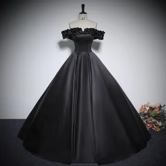 Vintage Originale Noire Satin Robe De Bal 2023 Robe Boule Volants De L Épaule Sans Manches Dos Nu Longue Promo Robe De Ceremonie