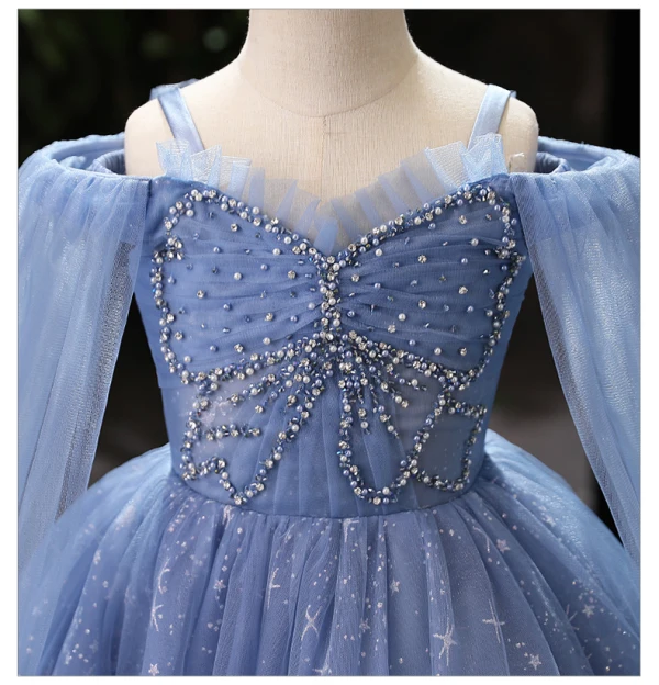 Elegant Sky Blue Beading Pearl Sequins Birthday Flower Girl Dresses 2022 Ball Gown Spaghetti Straps Long Sleeve Floor-Length / Long Flower Girl Dresses