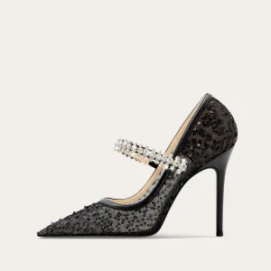 Snygga Fina Svarta Rhinestone Paljetter Afton Pumps 2025 Tyll 10 Cm Stilettklackar Spetsiga Pumps