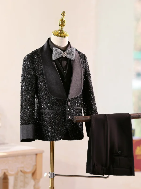 Scintillantes Noire Anniversaire 5 pièces Manches Longues Paillettes Costume Garçon Mariage 2026 Manteau Pantalon Chemise Cravate Gilet