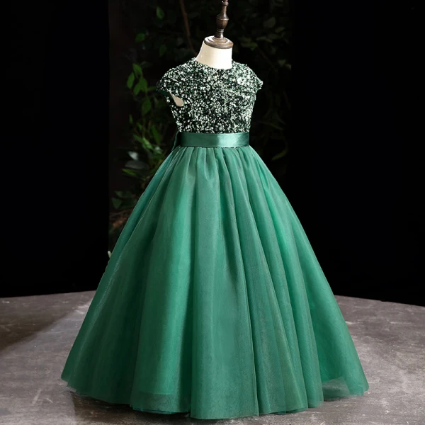 Vintage / Retro Dark Green Sequins Birthday Flower Girl Dresses 2024 Ball Gown Scoop Neck Sleeveless Bow Sash Floor-Length / Long