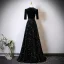 Elegant Black Sequins Mother Of The Bride Dresses 2025 A-Line / Princess High Neck Short Sleeve Floor-Length / Long Wedding