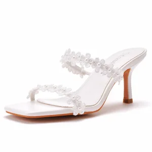 Sexy White Pearl Lace Flower Street Wear Womens Sandals 2023 7 Cm Stiletto Heels Open Peep Toe Sandals High Heels