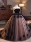 Elegant Quinceañera Black Appliques Prom Dresses 2025 Ball Gown Strapless Sleeveless Backless Floor-Length / Long Prom Formal Dresses