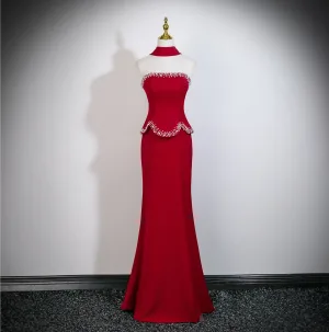 Sexy Rouge Perle Robe De Soirée 2025 Trompette Sirène Bustier Sans Manches Dos Nu Train De Balayage Robe De Ceremonie