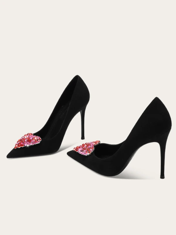 Mode Noire Forme de coeur Faux Diamant Promo Escarpins 2024 Cuir 10 cm Talons Aiguilles À Bout Pointu Escarpins
