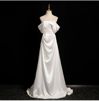 Elegant Ivory Lace Flower Satin Wedding Dresses 2025 A Line Princess Off The Shoulder Short Sleeve Backless Sweep Train Wedding