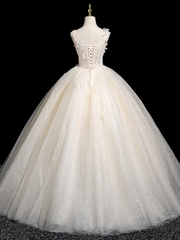 Chic / Beautiful Champagne Beading Sequins Appliques Prom Dresses 2025 Ball Gown Square Neckline Sleeveless Backless Floor-Length / Long Formal Dresses