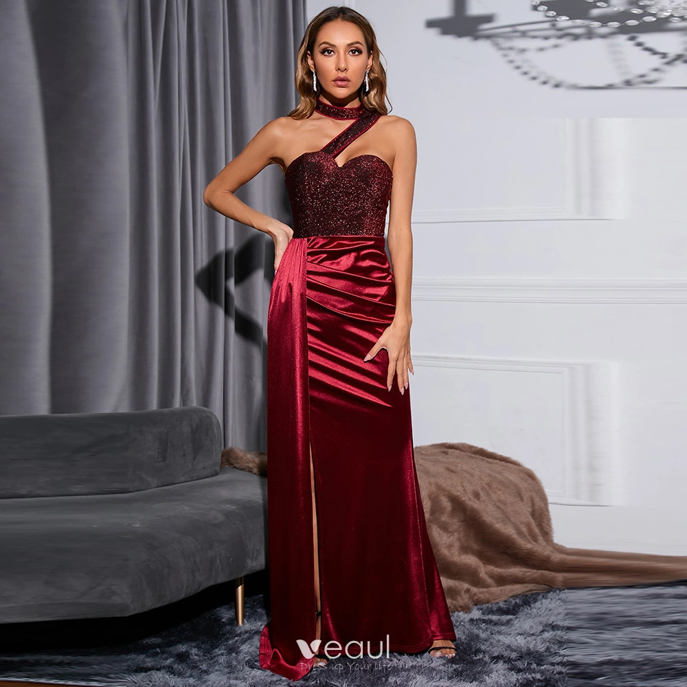 Sexy Burgundy Satin Sequins Evening Dresses 2023 Trumpet / Mermaid Halter  Sleeveless Backless Split Front Floor-Length / Long Evening Party Formal  Dresses