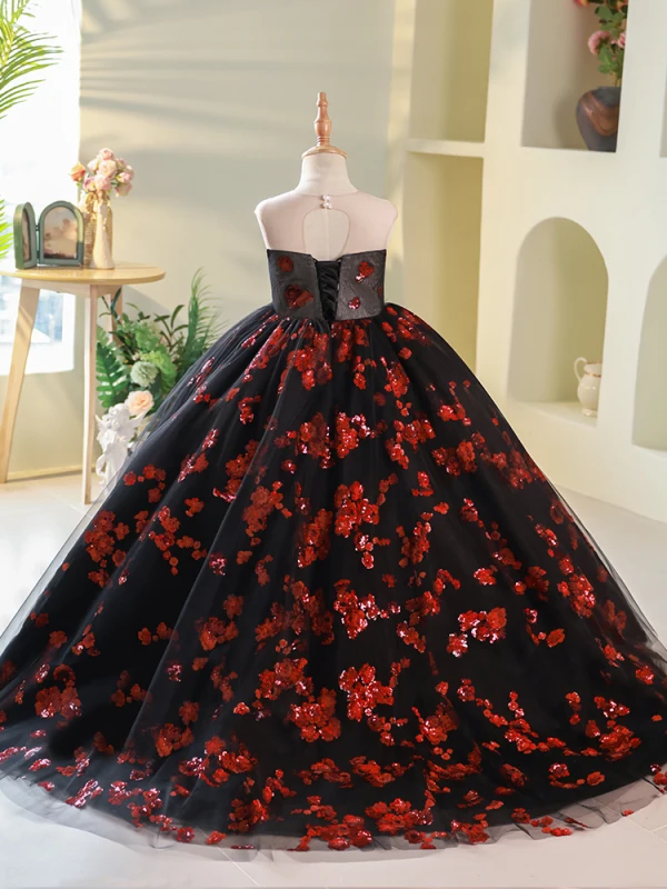 Charmant Schwarz Pailletten Sweep / Pinsel Zug Blumenmädchenkleider 2024 Ballkleid Bandeau Ärmellos Rückenfreies
