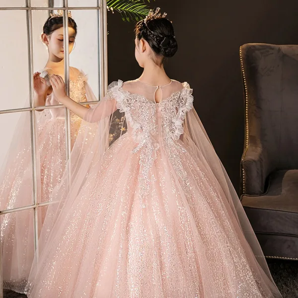 Sparkly Blushing Pink Beading Sequins Birthday Flower Girl Dresses 2025 Ball Gown Scoop Neck Short Sleeve Floor-Length / Long