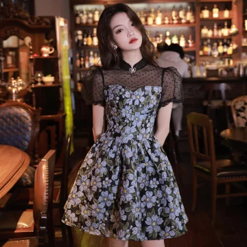 Fashion Black Spotted Printing Short Homecoming Graduation Dresses 2023 A Line Princess High Neck Short Sleeve Formal Dresses