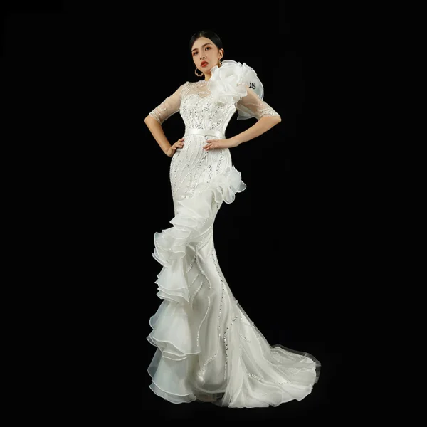 Haut de Gamme Noire Fait main Perlage Paillettes Robe De Soirée 2023 Trompette / Sirène Encolure Dégagée Appliques 1/2 Manches Ceinture Train De Balayage Soirée Robe De Ceremonie