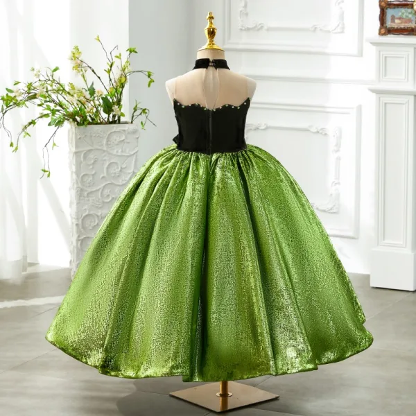 Élégant Vert Faux Diamant Glitter Anniversaire Robe Ceremonie Fille 2024 Robe Boule Col Haut Sans Manches Dos Nu Longue