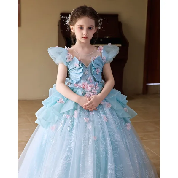 Flower Fairy Sky Blue Appliques Pearl Sequins Birthday Flower Girl Dresses 2025 Ball Gown Scoop Neck Cap Sleeves Backless Floor-Length / Long