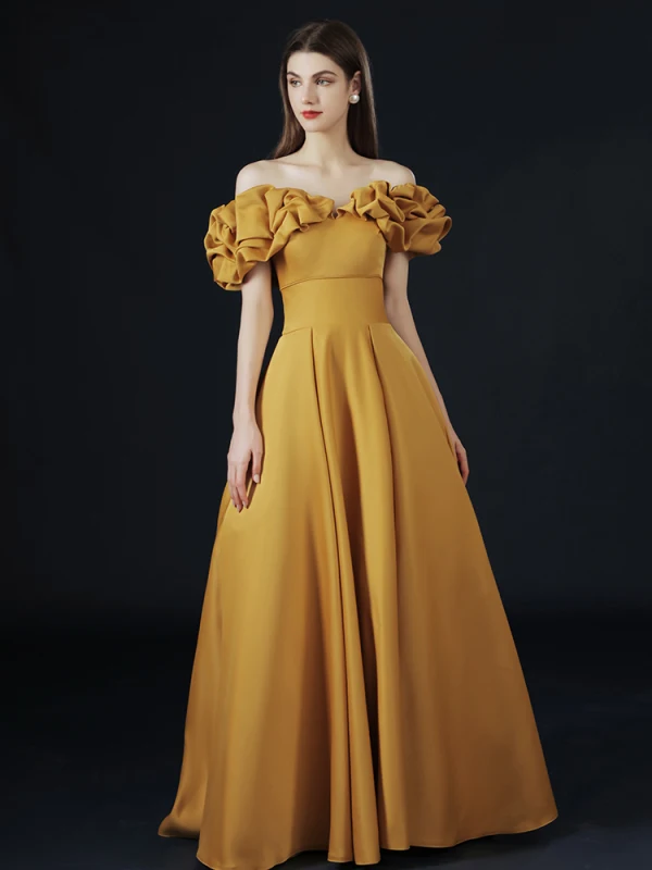 Vintage / Retro Yellow Prom Dresses 2021 A-Line / Princess Off-The-Shoulder Ruffle Short Sleeve Solid Color Satin Engagement Formal Dresses Sweep Train