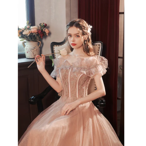 Elegant Nude Prom Dresses 2022 A-Line / Princess Ruffle Off-The-Shoulder Short Sleeve Backless Beading Sequins Floor-Length / Long Prom Formal Dresses