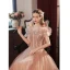 Elegant Nude Prom Dresses 2022 A-Line / Princess Ruffle Off-The-Shoulder Short Sleeve Backless Beading Sequins Floor-Length / Long Prom Formal Dresses