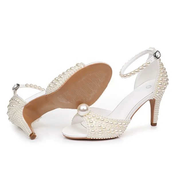 Elegante Weiß Perle Knöchelriemen Brautschuhe 2026 8 cm Stilettos Peeptoes Hochzeit Sandaletten Hochhackige