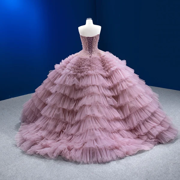 Luxe Rougissant Rose Perlage Faux Diamant Perle Paillettes Robe De Mariée 2023 Robe Boule Bustier Sans Manches Dos Nu Volants en Cascade Train De Balayage Mariage