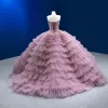 Luxury / Gorgeous Blushing Pink Beading Rhinestone Pearl Sequins Wedding Dresses 2023 Ball Gown Strapless Sleeveless Backless Cascading Ruffles Sweep Train Wedding