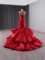 High End Rot Fallende Rüsche Ballkleider 2025 Meerjungfrau Bandeau Schleife Ärmellos Rückenfreies Sweep / Pinsel Zug Ball Festliche Kleider