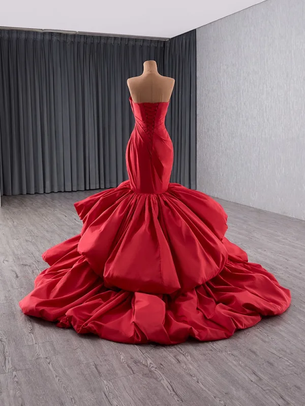High-end Red Cascading Ruffles Trumpet / Mermaid Evening Dresses 2025 Strapless Bow Sleeveless Backless Sweep Train Evening Party Formal Dresses