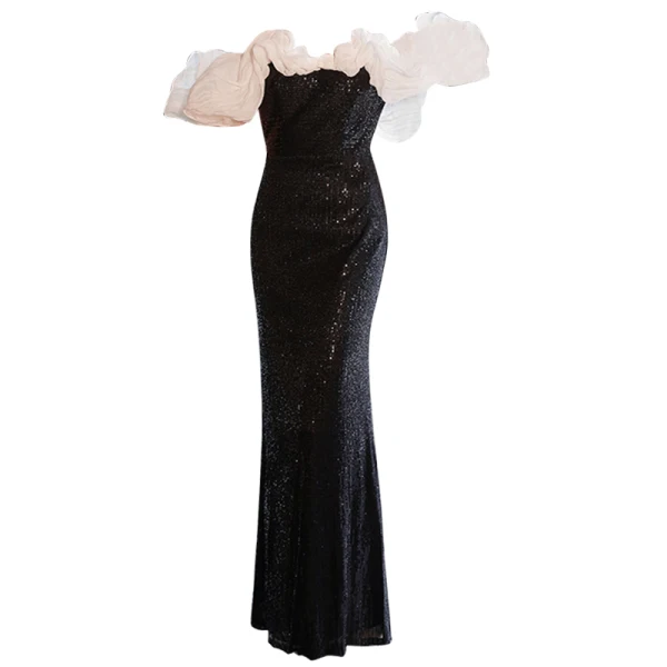Charmant Noire Paillettes Robe De Soirée 2022 Trompette / Sirène Volants De l'épaule Manches Courtes Dos Nu Longue Robe De Ceremonie