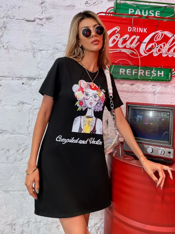 Lovely Women Black Casual Short Dresses 2021 Printing Cotton Loose Scoop Neck Summer Short Sleeve T-shirt