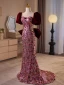 Scintillantes Bordeaux Paillettes Fleur Robe De Bal 2024 Trompette / Sirène Encolure Carrée Manches Courtes Dos Nu Noeud Train De Balayage Promo Robe De Ceremonie