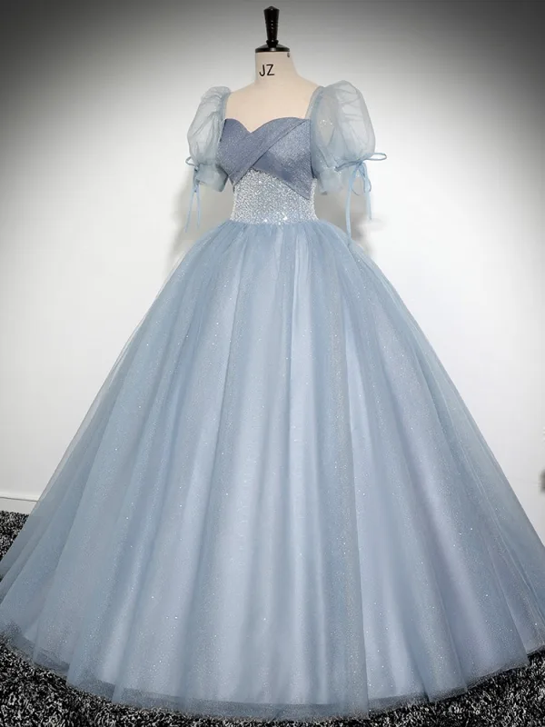 Elegante Himmelblau Pailletten Ballkleider 2024 Ballkleid Eckiger Ausschnitt Geschwollenes Kurze Ärmel Rückenfreies Lange Ball Festliche Kleider