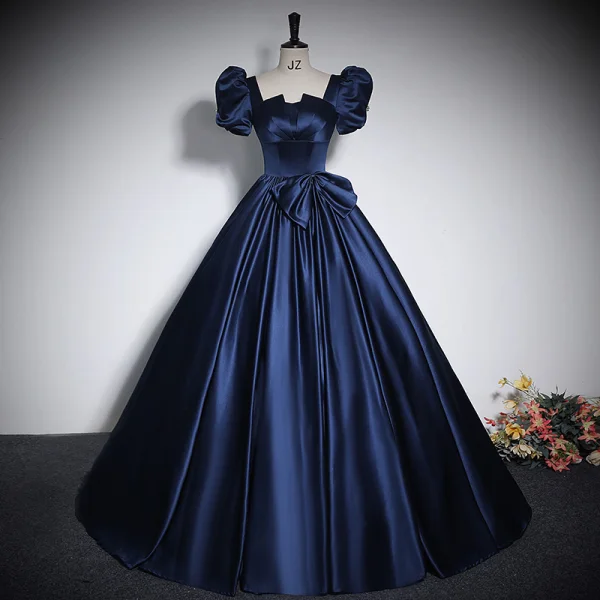 Elegant Black Satin Prom Dresses 2023 Ball Gown Square Neckline Puffy Short Sleeve Bow Backless Floor-Length / Long Prom Formal Dresses