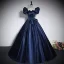 Vintage / Retro Navy Blue Satin Prom Dresses 2023 Ball Gown Square Neckline Short Sleeve Backless Bow Floor-Length / Long Prom Formal Dresses