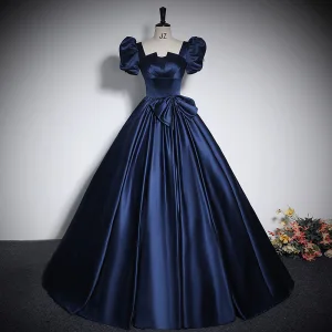 Vintage Marino Oscuro Satén Vestidos De Gala 2023 Ball Gown Escote Cuadrado Manga Corta Sin Espalda Bowknot Largos Gala Vestidos Formales