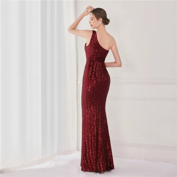 Sparkly Beige Sequins Evening Dresses 2022 A-Line / Princess One-Shoulder Sleeveless Backless Floor-Length / Long Evening Party Formal Dresses