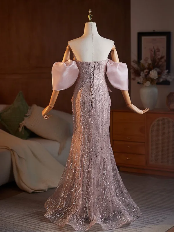 Charmant Rosa Perlenstickerei Pailletten Abendkleider 2025 Meerjungfrau Bandeau Geschwollenes Kurze Ärmel Rückenfreies Sweep / Pinsel Zug Abend Festliche Kleider