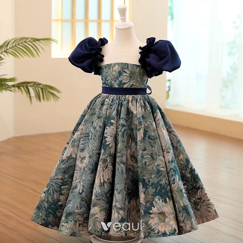 Vintage Retro Navy Blue Birthday Printing Flower Girl Dresses 2023 A Line Princess Square Neckline Puffy Short Sleeve Backless Bow Sash Floor Length Long