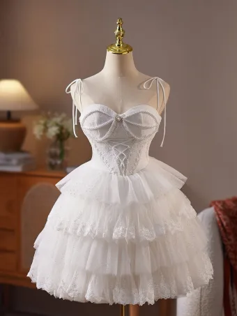 Sexy Witte Cascading Ruches Kant Parel Korte Feestjurken 2025 Baljurk Spaghettibandjes Mouwloos Ruglooze Gelegenheid Jurken