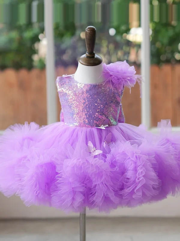 Chic / Beautiful Lavender Sequins Butterfly Appliques Birthday Flower Girl Dresses 2024 Ball Gown Scoop Neck Sleeveless Backless Short Tulle