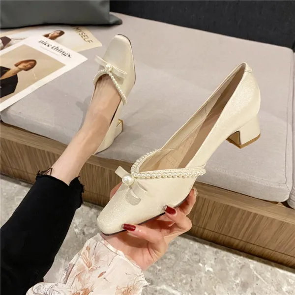 Élégant Noire Promo Perle Noeud Escarpins 2022 4 cm Talon Bas Talons Épais Pied Carré Escarpins Talons Hauts