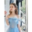 Elegante Blau Ballkleider 2022 A Linie Schleife Off Shoulder Ärmellos Rückenfreies Perle Lange Festliche Kleider