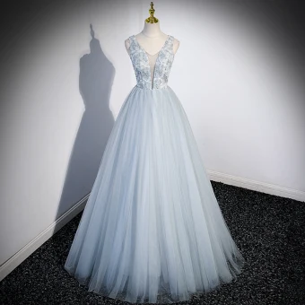 Elegant Sky Blue Beading Printing Prom Dresses 2023 A Line Princess V Neck Sleeveless Backless Floor Length Long Prom Formal Dresses