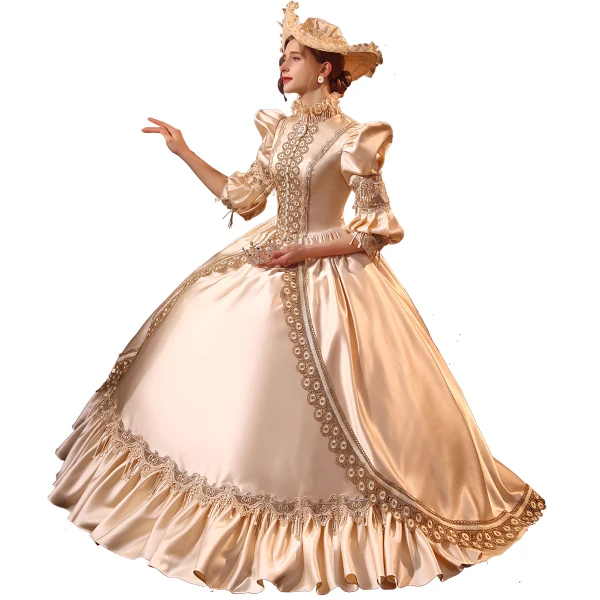Vintage / Retro Medieval Champagne Prom Dresses 2022 Ball Gown High Neck Puffy 1/2 Sleeves Lace Flower Floor-Length / Long Formal Dresses