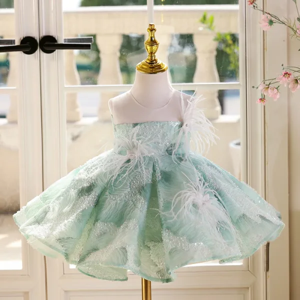 Chic / Beautiful Sage Green Beading Sequins Tassel Bow Birthday Flower Girl Dresses 2025 Ball Gown Scoop Neck Sleeveless Floor-Length / Long
