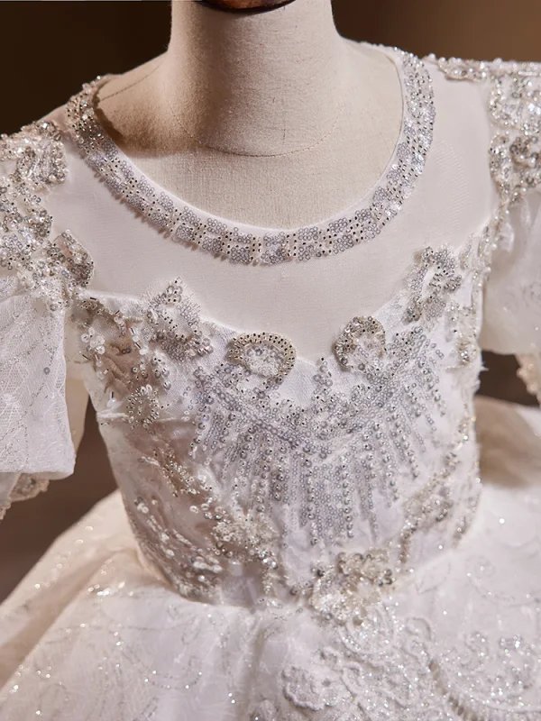 Charming White Beading Pearl Sequins Cascading Ruffles Birthday Flower Girl Dresses 2023 Ball Gown Scoop Neck Puffy Short Sleeve Floor-Length / Long Flower Girl Dresses