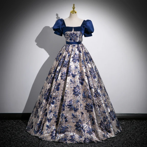 Vintage / Retro Ocean Blue Printing Prom Dresses 2023 Ball Gown Square Neckline Puffy Short Sleeve Backless Bow Sash Floor-Length / Long Prom Formal Dresses