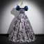 Vintage / Retro Ocean Blue Printing Prom Dresses 2023 Ball Gown Square Neckline Puffy Short Sleeve Backless Bow Sash Floor-Length / Long Prom Formal Dresses